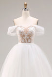 Ivory Applique Off the Shoulder A Line Long Wedding Dress