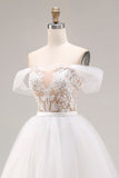 Ivory Applique Off the Shoulder A Line Long Wedding Dress