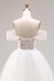 Ivory Applique Off the Shoulder A Line Long Wedding Dress