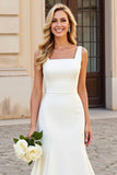 Simple Ivory Mermaid Square Neck Satin Wedding Dress