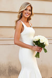 Simple Ivory Mermaid Square Neck Satin Wedding Dress