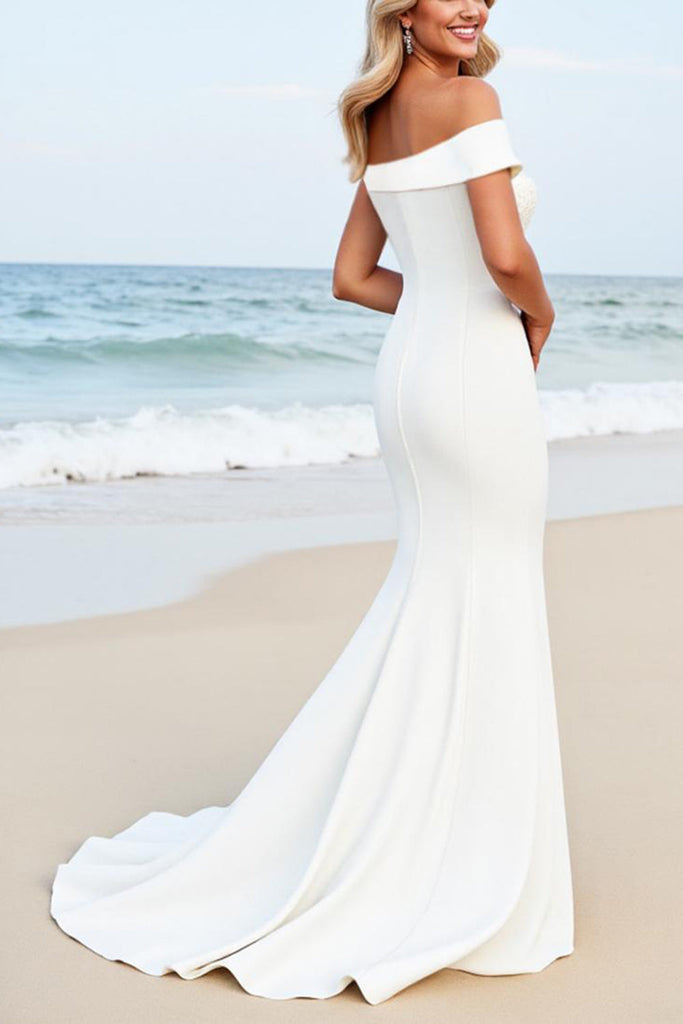 WEDTREND Women White Beach Wedding Dress Mermaid One Shoulder Bridal