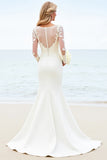 Ivory Illusion Neck Mermaid Satin Long Sleeve Wedding Dress With Appliques
