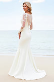 Ivory Illusion Neck Mermaid Satin Long Sleeve Wedding Dress With Appliques