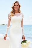 Ivory Illusion Neck Mermaid Satin Long Sleeve Wedding Dress With Appliques