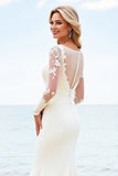 Ivory Illusion Neck Mermaid Satin Long Sleeve Wedding Dress With Appliques