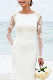 Ivory Mermaid Satin Long Sleeve Wedding Dress With Lace