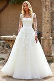 Ivory A-Line Square Neck Long Sleeve Tulle Wedding Dress with Appliques