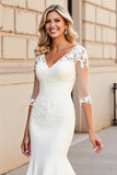 Ivory Mermaid V Neck Half Sleeve Wedding Dress With Appliques