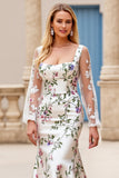 Ivory Flower Mermaid Embroidered Long Sleeve Wedding Dress with Lace