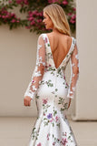 Ivory Flower Mermaid Embroidered Long Sleeve Wedding Dress with Lace