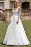 White A-Line V Neck Tulle Long Sleeve Wedding Dress with Appliques