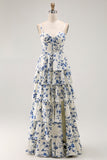 Blue Flower A-Line Tiered Spaghetti Straps Long Bridesmaid Dress with Slit