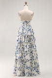 Blue Flower A-Line Tiered Spaghetti Straps Long Bridesmaid Dress with Slit