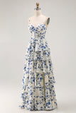 Blue Flower A-Line Tiered Spaghetti Straps Long Bridesmaid Dress with Slit