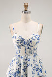 Blue Flower A-Line Tiered Spaghetti Straps Long Bridesmaid Dress with Slit