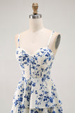 Blue Flower A-Line Tiered Spaghetti Straps Long Bridesmaid Dress with Slit