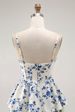 Blue Flower A-Line Tiered Spaghetti Straps Long Bridesmaid Dress with Slit