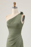 Eucalyptus Mermaid One Shoulder Long Bridesmaid Dress with Slit