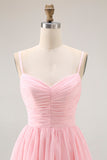 Blush Pink A-Line Pleated Chiffon Tiered Long Bridesmaid Dress with Ruffles