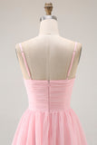 Blush Pink A-Line Pleated Chiffon Tiered Long Bridesmaid Dress with Ruffles