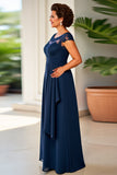 Navy Sheath Scoop Neck Ruffle Long Mother of the Bride Dress with Lace