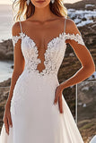 Ivory A-Line Cold Shoulder Laced Chiffon Long Bridal Dress