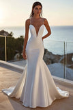 Mermaid Ivory Spaghetti Straps Satin Long Wedding Dress