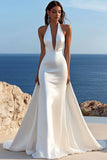 Mermaid Ivory Halter Satin Long Wedding Dress