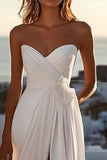 A Line Ivory Strapless Pleated Wedding Dress with Slit