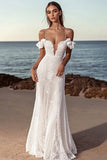 Mermaid Cold Shoulder Ivory Lace Long Wedding Dress