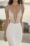 Mermaid Spaghetti Straps Ivory Pleated Lace Wedding Dress