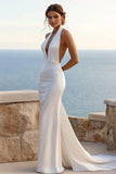 Halter Mermaid Ivory Satin Long Wedding Dress