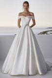 Off The Shoulder A Line Satin Ivory Wedding Dress