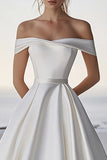 Off The Shoulder A Line Satin Ivory Wedding Dress