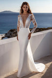 Lace Mermaid Ivory Wedding Dress With Long Sleeves