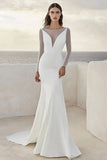 Mermaid Satin Illusion Ivory Wedding Dress With Long Sleeves