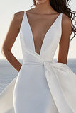 Ivory Mermaid V Neck Satin Wedding Dress With Sash
