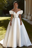 Ivory Satin A Line Off the Shoulder Wedding Dress