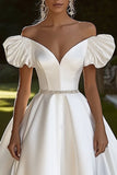 Ivory Satin A Line Off the Shoulder Wedding Dress