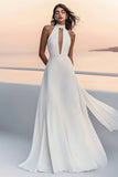 Ivory Hlater Keyhole A Line Wedding Dress with Streamer