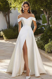 Off the Shoulder Satin Ivory Wedding Dress with Slit
