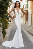 Matte Satin Deep V Neck Ivory Mermaid Wedding Dress