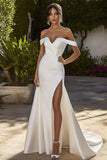 Ivory Off the Shoulder Mermaid Satin Wedding Dress with Slit