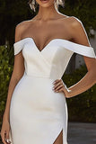 Ivory Off the Shoulder Mermaid Satin Wedding Dress with Slit