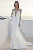 Ivory Bateau Neck Matte Satin Mermaid Wedding Dress With Long Sleeves