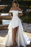 Ivory Off the Shoulder High-Low Wedding Dress with Draped Train