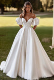 Off The Shoulder Satin Ivory A Line Wedding Dress With Slit