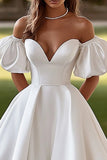 Off The Shoulder Satin Ivory A Line Wedding Dress With Slit