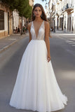 Deep V Neck Lace Tulle Ivory A Line Wedding Dress